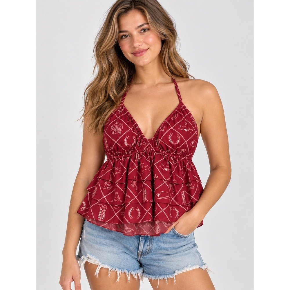 Burgundy Western Cowboy Print Halter Babydoll Peplum Top Red Medium NEW